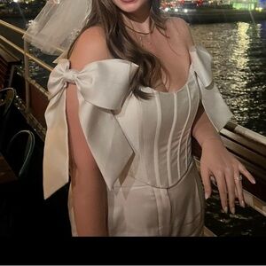 White Off-Shoulder Corset Bustier Crop Top with Bows - Bridal Bachelorette Top L